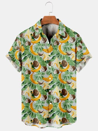 Holiday Style Hawaiian Series Plant Leaves And Fruit Elements Lapel Short-Sleeved Shirt Print Top
