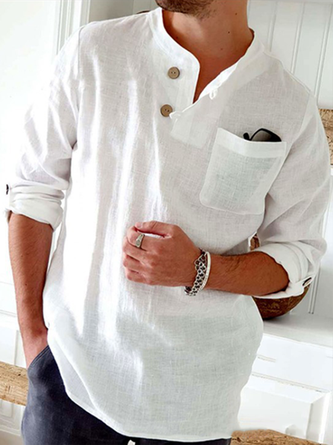 Mens Cotton Linen Loose Casual Solid Short Sleeve Shirt Round Neck Button Roll Top