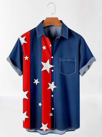 Mens American Flag Print Loose Chest Pocket Short Sleeve Hawaiian Shirt