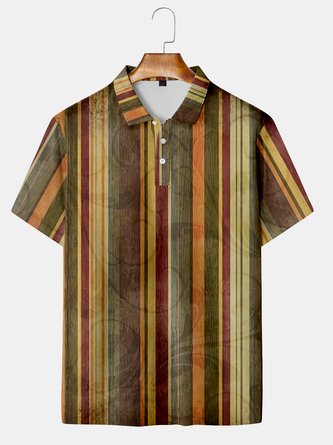Casual Style Culture Collection Retro Gradient Geometric Stripes Ethnic Pattern Elements Lapel Short Sleeve Polo Print Top