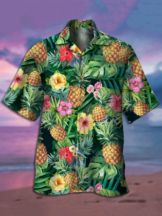 Men's Pineapple Print Casual Breathable Hawaiian Short Sleeve Shirt