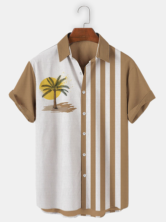 Cotton and Linen Style Hawaiian Coconut Tree Geometric Stripe Print Lapel Cozy Linen Shirt