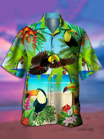Holiday Style Hawaii Series Plant Leaves Coconut Tree Toucan Element Pattern Lapel Short-Sleeved Shirt Print Top