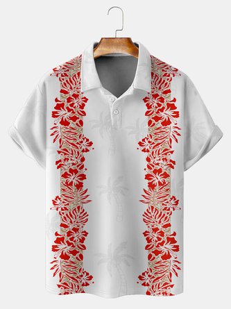 Resort-Style Hawaiian Floral And Plant Element Pattern Lapel Short-Sleeved Polo Print Top