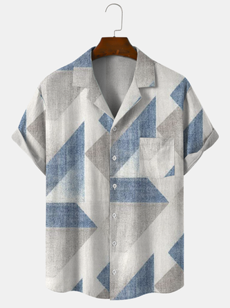 Cotton Linen Style American Casual Geometric Striped Color Block Versatile Linen Shirt