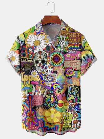 Men Hippies Skull Peace Love Print Front Buttons Soft Breathable Casual Hawaiian Shirts