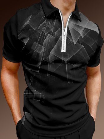 Casual Art Series 3D Gradient Geometric Stripe Element Pattern Lapel Short Sleeve Polo Print Top