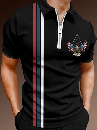 Casual Festive Collection Geometric Striped Color Block American Flag Eagle Element Pattern Lapel Short Sleeve Polo Print Top