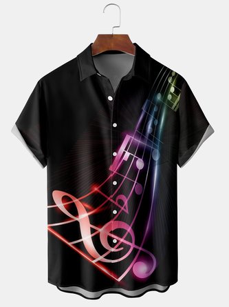 Mens Music Notes Print Front Buttons Soft Breathable Chest Pocket Casual Hawaiian Shirts