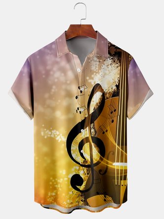 Vintage Music Collection Gradient Sheet Music Guitar Element Pattern Lapel Short Sleeve Shirt Print Top