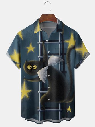 Mens Retro Black Cat Print Front Buttons Soft Breathable Chest Pocket Casual Hawaiian Shirts