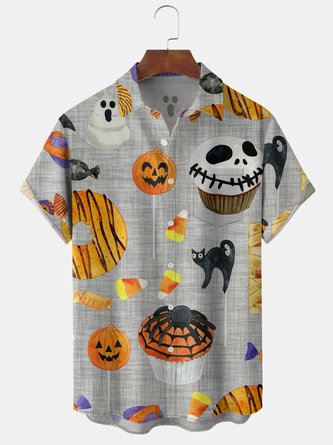 Mens Retro Halloween Print Front Buttons Soft Breathable Chest Pocket Casual Hawaiian Shirts
