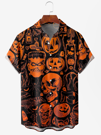 Mens Halloween Print Anti-Wrinkle Moisture Wicking Short Sleeve Shirt Hawaiian Lapel Top