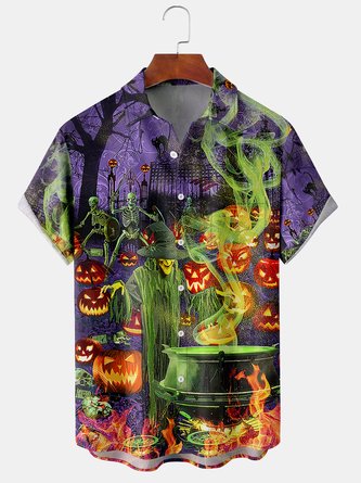 Men Casual Summer Halloween Polyester Micro-Elasticity Party Short sleeve Regular Shirt Collar shirts