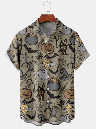 Casual Style Festival Series Halloween Retro Ghost Pumpkin Spider Element Pattern Lapel Short-Sleeved Shirt Print Top