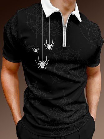 Casual Festive Collection Halloween Spider Element Pattern Lapel Short Sleeve Polo Print Top