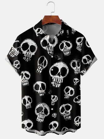 Men Casual Summer Skull Polyester Micro-Elasticity Regular Fit Short sleeve Shawl Collar Regular shirts