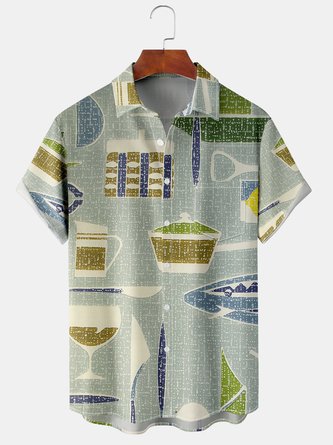 Geometric Casual Summer Polyester Lightweight Regular Fit Shawl Collar Regular H-Line shirts for Men