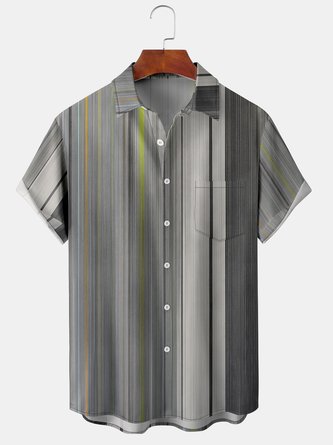 Men Striped Casual Summer Polyester Lightweight Regular Fit Regular H-Line Shirt Collar shirts