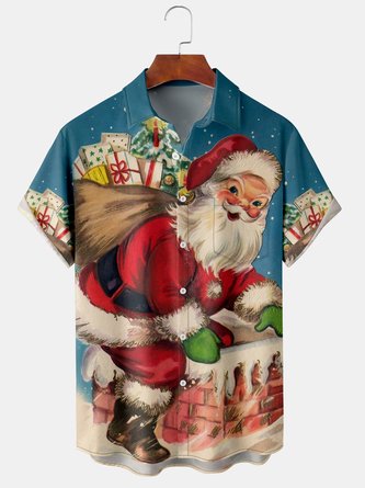 Men Casual Summer Christmas Snowman Polyester Micro-Elasticity Party Regular Fit Regular Shirt Collar shirts