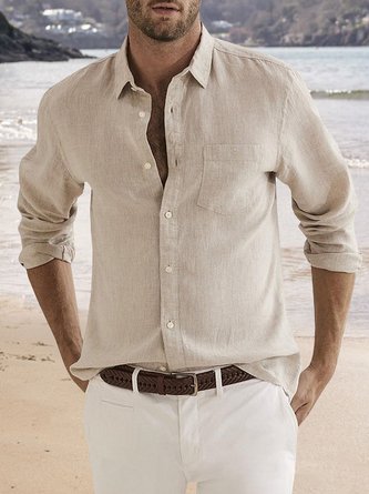 Men Plain Summer Linen Household Regular Fit Long sleeve H-Line Shirt Collar Regular Size shirts