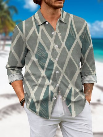 Geometric Autumn Linen No Elasticity Vacation Open Front Long sleeve Regular Shirt Collar shirts for Men