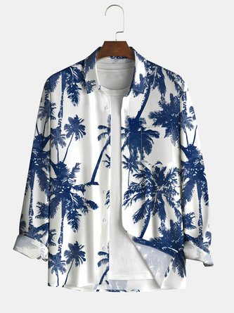 Men Autumn Coconut Tree Vacation Polyester Lightweight Party Loose Long sleeve Shawl Collar shirts