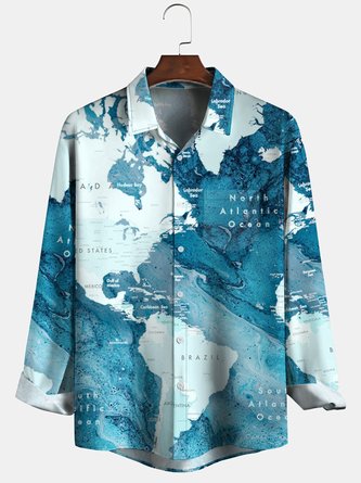 Casual Autumn Map Polyester Lightweight Micro-Elasticity Regular H-Line Shirt Collar shirts for Men