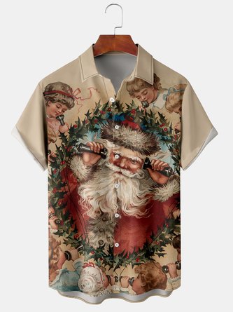 Men Casual Summer Santa Claus Polyester Lightweight Micro-Elasticity Daily H-Line Shirt Collar shirts