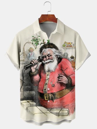 Men Casual Summer Santa Claus Polyester Micro-Elasticity Party Short sleeve H-Line Shirt Collar shirts