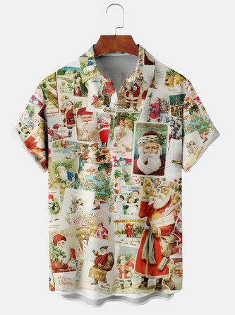 Casual Summer Santa Claus Polyester Lightweight Micro-Elasticity Daily Buttons H-Line shirts for Men