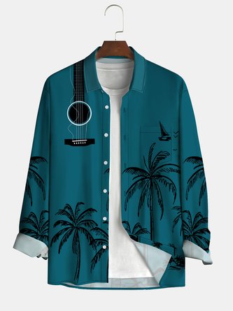 Autumn Coconut Tree Vacation Polyester No Elasticity Vacation Loose Long sleeve Regular shirts for Men