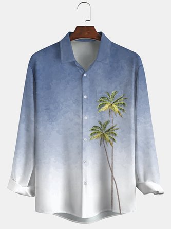 Casual Autumn Coconut Tree Micro-Elasticity Vacation Loose Long sleeve Shawl Collar H-Line shirts for Men