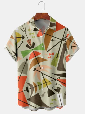 Men Geometric Casual Summer Lightweight Micro-Elasticity Short sleeve Regular H-Line Shirt Collar shirts