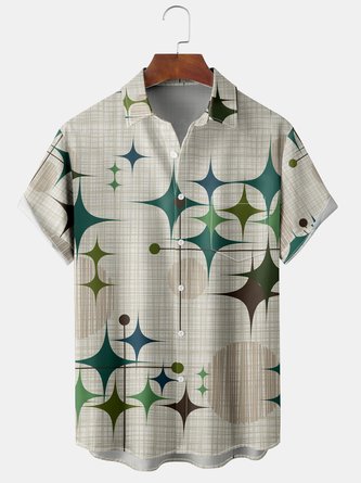 Geometric Casual Summer Polyester Micro-Elasticity Regular Fit Shawl Collar H-Line Regular Size shirts for Men