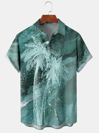 Men Coconut Tree Summer Hawaii Polyester Printing Lightweight Micro-Elasticity Buttons Short sleeve shirts