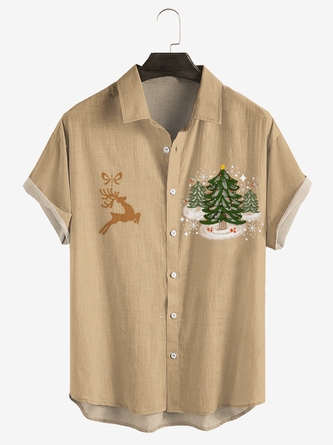 Printed cotton and linen style Christmas comfortable linen shirts with short sleeves