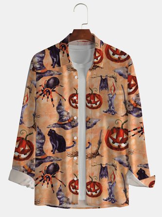 Men Casual Autumn Halloween Polyester Holiday Long sleeve Regular Shirt Collar Regular Size shirts
