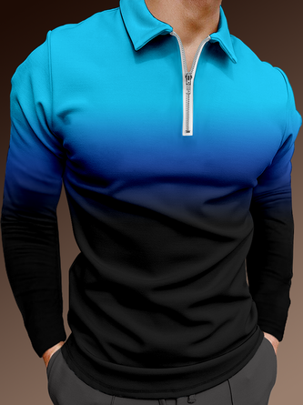 Men Casual Ombre Autumn Printing Micro-Elasticity Regular Fit Long sleeve Shawl Collar Regular Polo shirt