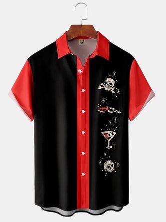 Mens Vintage Skull Print Front Buttons Soft Breathable Chest Pocket Casual Bowling Shirts