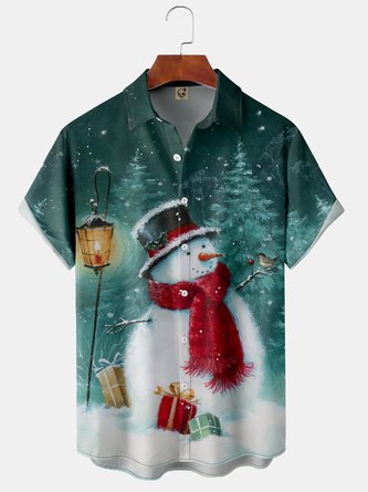 Christmas Snowman Chest Pocket Short Sleeve Hawaiian Shirt