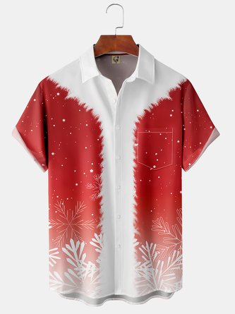 Christmas Chest Pocket Short Sleeve Shirt Lapel Print Top