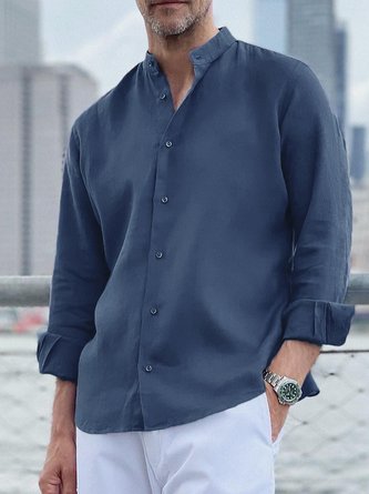Solid Color Stand Collar Long Sleeve Cotton Linen Shirt