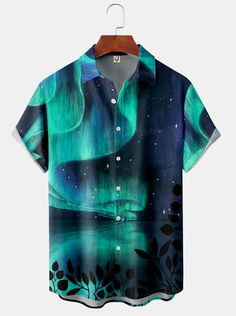 Aurora Landscape Streak Chest Pocket Short Sleeve Hawaiian Shirt