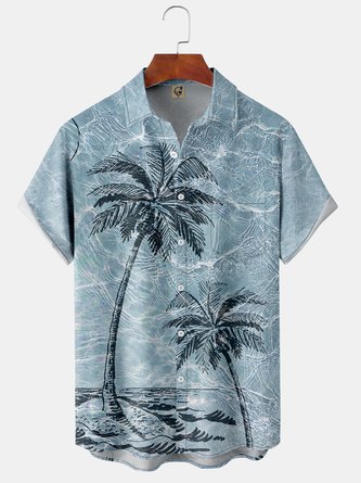 Waves Coconut Tree Chest Pocket Short Sleeve Hawaiian Shirt