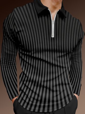 Curved Striped Zip Long Sleeve Polo