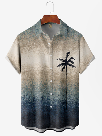 Gradient Texture Coconut Tree Chest Pocket Short Sleeve Casual Shirt