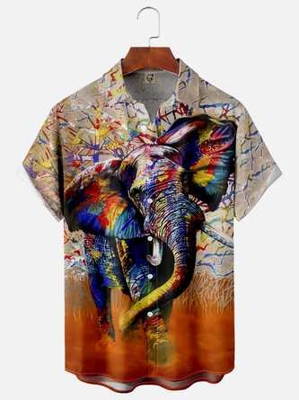 Elephant Painting Chest Pocket Short Sleeve Casual Shirt