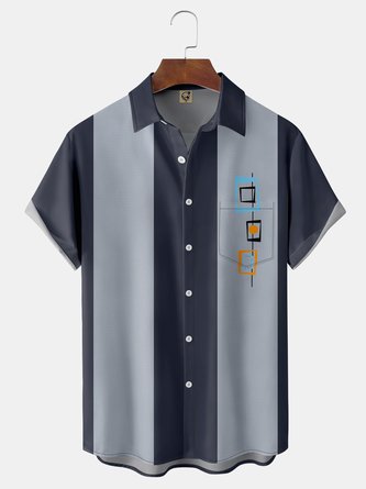 Mid Century Geometric Chest Pocket Short Sleeve Bowling Shirt