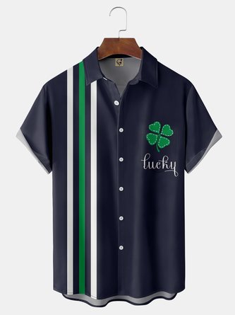 St Patrick‘s Day Lucky Shamrock Chest Pocket Short Sleeve Bowling Shirt